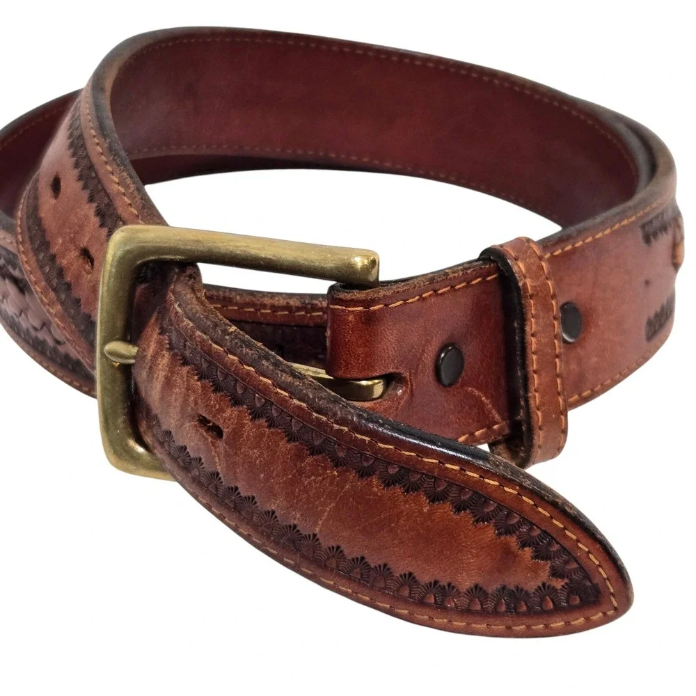 Appaloosa Trading Co Leather Belt Mens 38 Brown Basketweave Western Rugged Brass